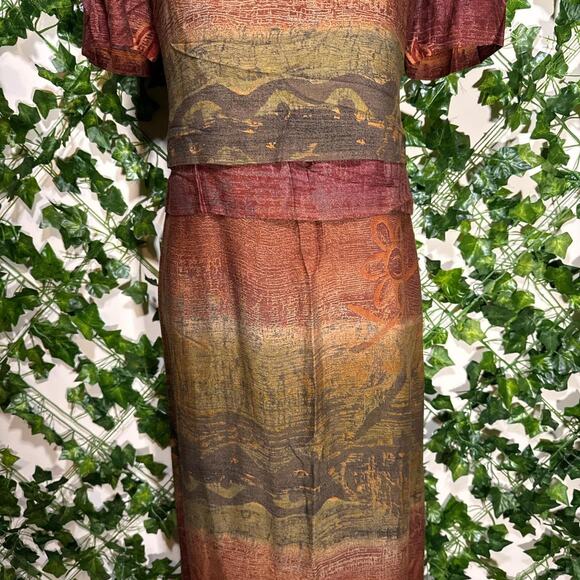 Unique vintage Karin Steven’s abstract orange green red midi dress - Picture 2 of 4